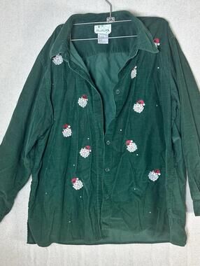 Vintage 90’s  Quaker Factory Green Corduroy Button Up Santa Christmas Theme Sz L